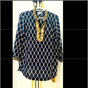 Charter Club Women's Embroidered-Trim Printed Tunic Intrepid Blue Size L.